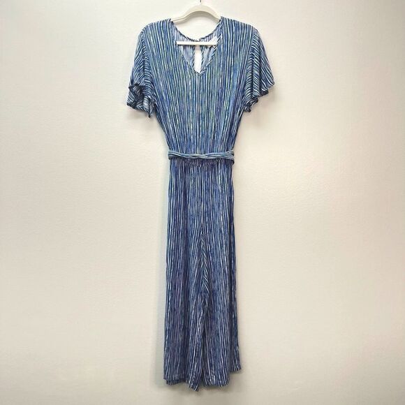 Mud Pie Rayon Striped Blue Jumpsuit Flutter Sleeves NWOT Size S - Picture 2 of 11